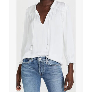 PAIGE Kaylynn Smocked Blouse Tassels City Chic Matte Satin Boho White Womens M
